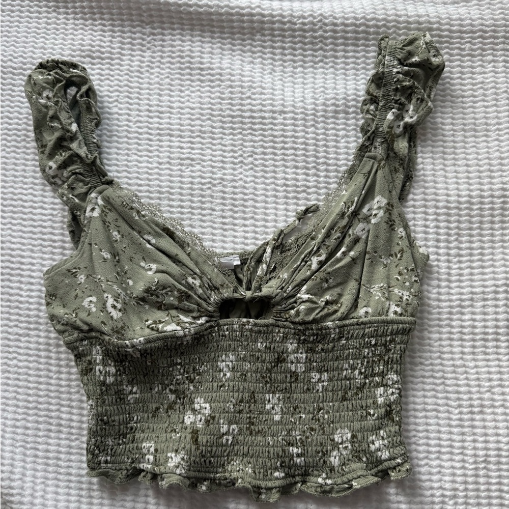 Garage Olive Floral Smocked Crop Top